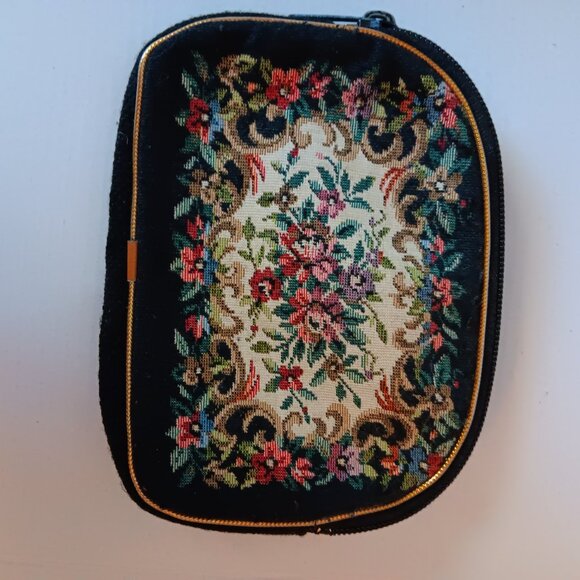 VINTAGE BLACK FLORAL TAPESTRY ZIP TOP POUCH - Picture 1 of 5